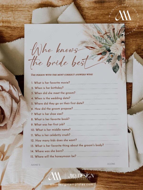 Who knows the bride best Boho Terracotta Bridal Shower Games Bundle Printable | Editable Pampas Grass Games & Activities Pack | Instant Download