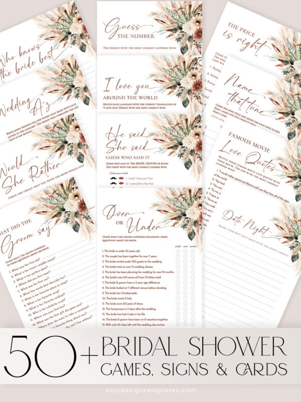 Boho Terracotta Bridal Shower Games Bundle Printable | Editable Pampas Grass Games & Activities Pack | Instant Download