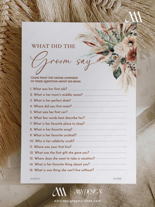 50 Boho Terracotta Bridal Shower Games Bundle Printable | Editable Pampas Grass Games & Activities Pack | Instant Download What did the groom say Boho Terracotta Bridal Shower Games Bundle Printable | Editable Pampas Grass Games & Activities Pack | Instant Download