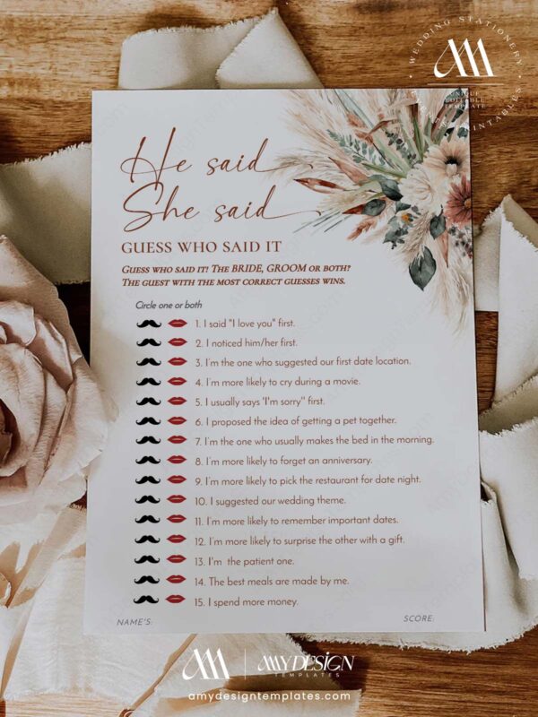 50 Boho Terracotta Bridal Shower Games Bundle Printable | Editable Pampas Grass Games & Activities Pack | Instant Download He said she said Boho Terracotta Bridal Shower Games Bundle Printable | Editable Pampas Grass Games & Activities Pack | Instant Download