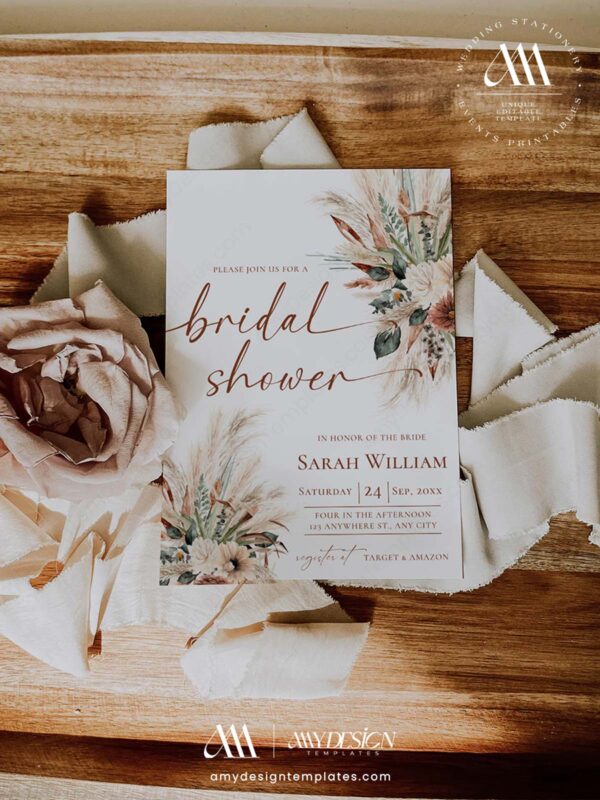 Pampas Grass Bridal Shower Invite Rust Greenery | Fall Boho Invitation Neutral Earthy Tones 5x7