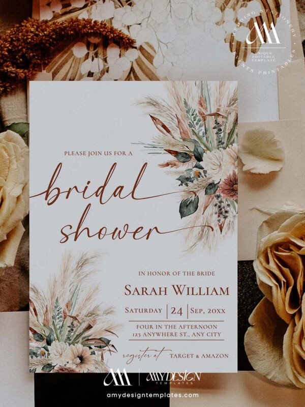 Pampas Grass Bridal Shower Invite Rust Greenery | Fall Boho Invitation Neutral Earthy Tones 5x7