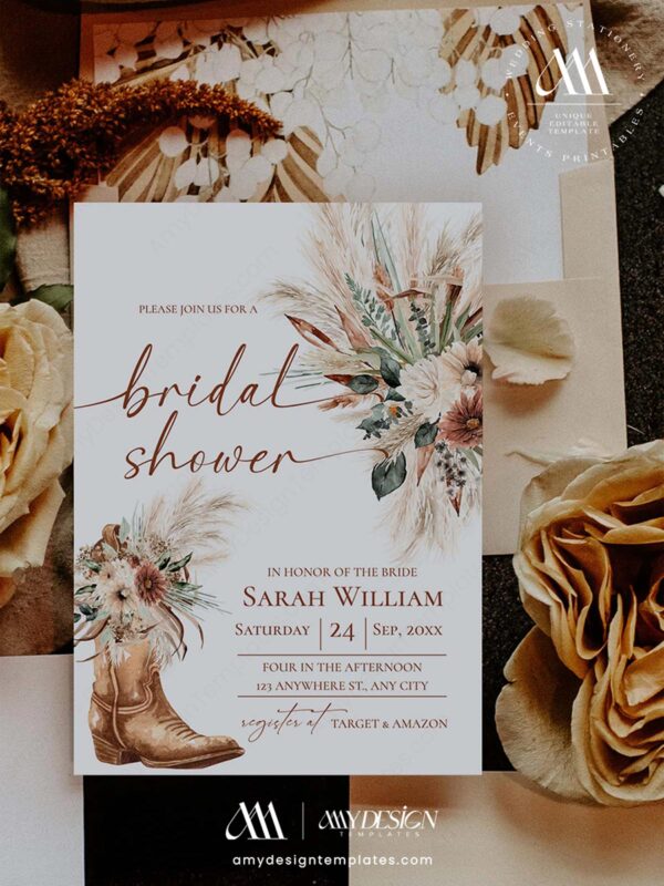 Rustic western bridal shower invitation with dark burnt orange background, white text, and floral cowboy boots.