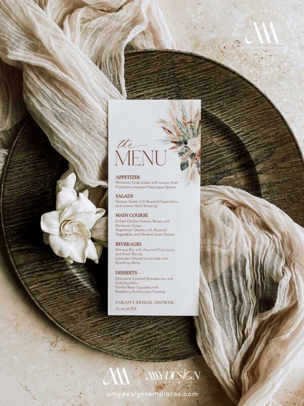 Editable Boho Terracotta Bridal Shower Menu Template | Pampas Grass Dinner Menu Printable