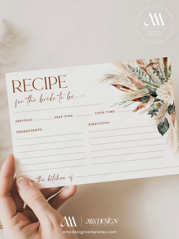 Editable Boho Terracotta Bridal Shower Recipe Card Template