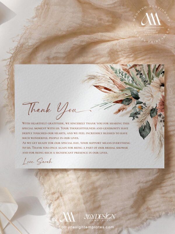 Editable Boho Terracotta Bridal Shower Thank You Card Template | Flat & Folded Options | Instant Download Printable