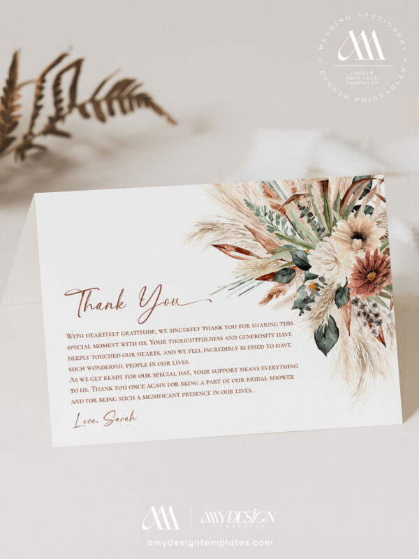 Editable Boho Terracotta Bridal Shower Thank You Card Template | Flat & Folded Options | Instant Download Printable
