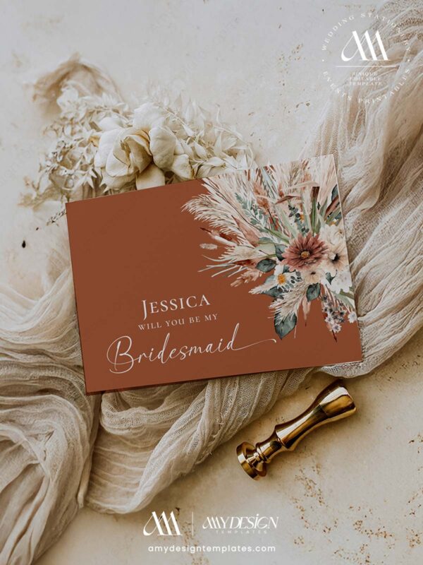 Editable Boho Terracotta Bridesmaid Proposal Card Info Template Will You Be My Bridesmaid