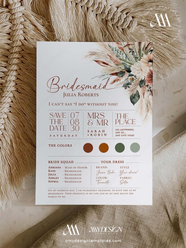 Editable Boho Terracotta Bridesmaid Proposal Card Info Template