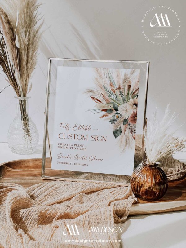 Terracotta Boho Wedding Invitation Card | Fall Wedding Suite Template Editable Boho Terracotta Custom Table Signs Template | Pampas Grass Guest Book & Bar Sign Printable