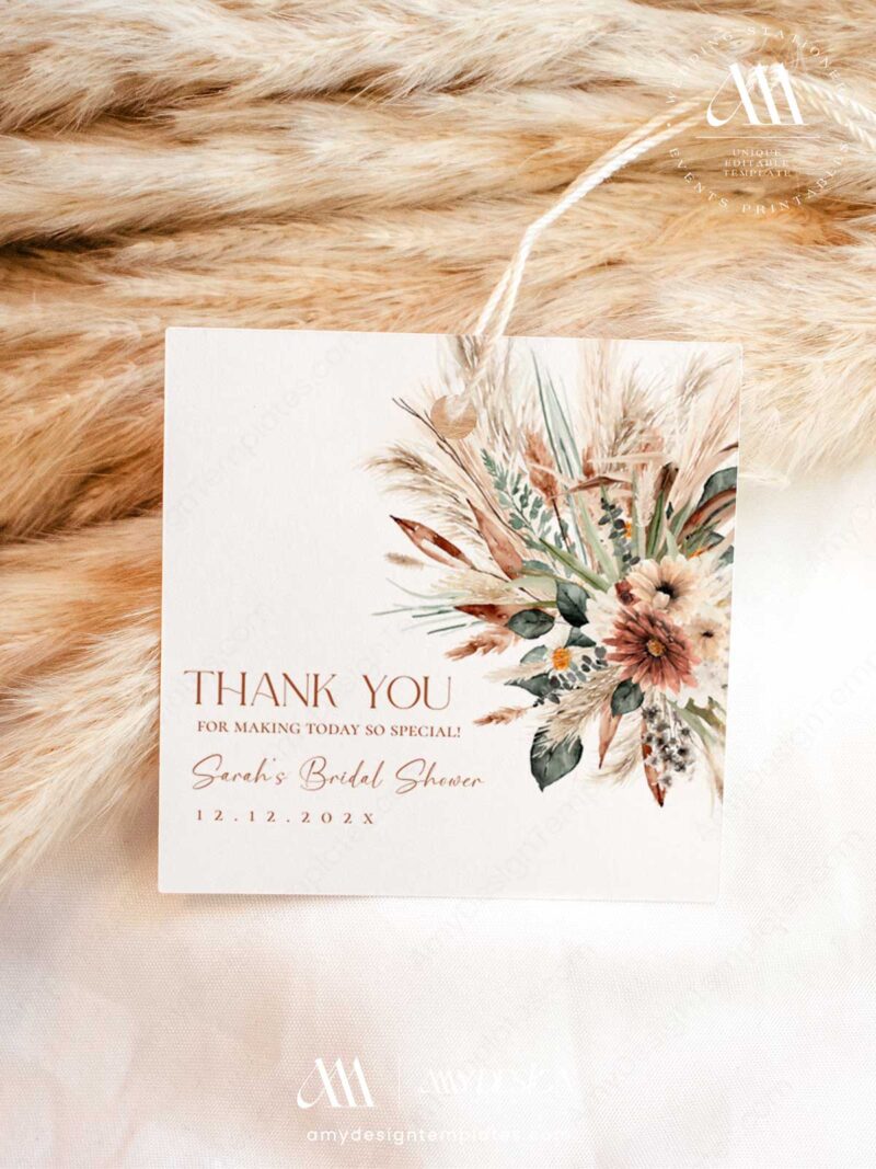 Editable Boho Terracotta Favor Tag Template | Pampas Grass Thank You ...