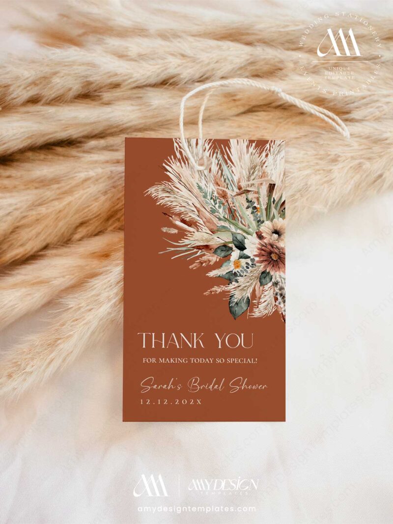 Editable Boho Terracotta Favor Tag Template | Pampas Grass Thank You ...