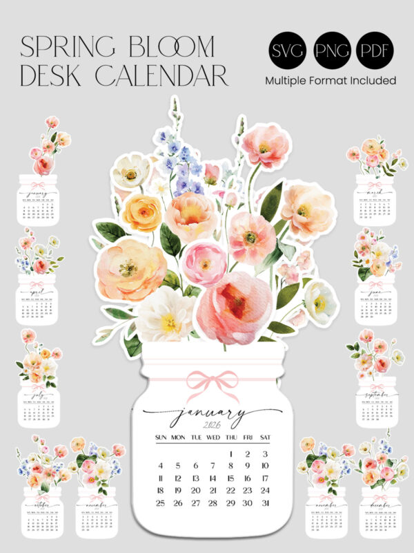 Printable 2026 Floral Desk Calendar Digital Download - Watercolor Spring Bloom (SVG, PNG, PDF)