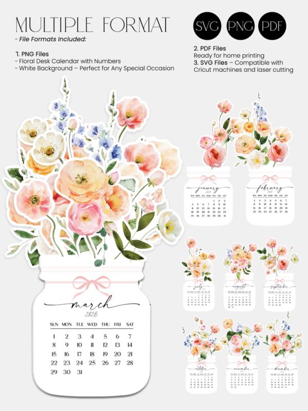 Watercolor Spring Bloom 2026 Printable Desk Calendar SVG PNG file for cutting machines