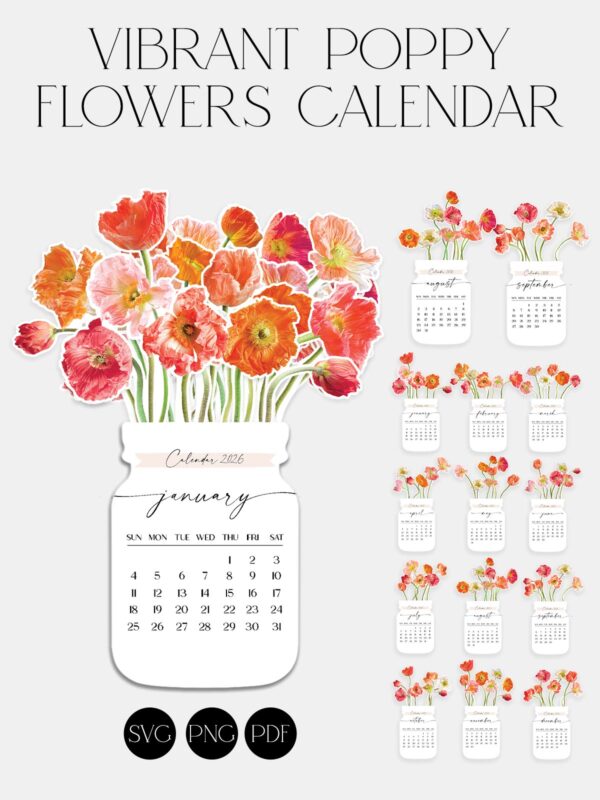 Printable 2026 Poppy Desk Calendar (SVG, PNG, PDF) - Vibrant Red Orange Floral Digital Download