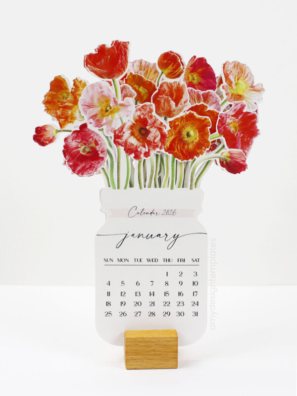 Printable Poppy Flowers Desk Calendar 2026 (SVG, PNG, PDF) | Vibrant Red Orange Floral Digital Download