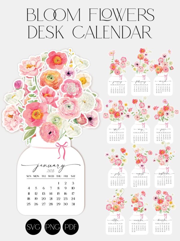 Bloom Flowers Pot 2026 Desk Calendar | Watercolor Printable Monthly Cutouts | Colorful Floral Planner SVG PNG PDF