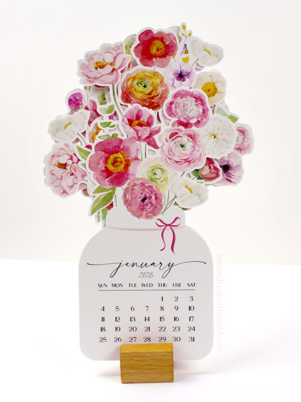 Bloom Flowers Pot 2026 Desk Calendar | Watercolor Printable Monthly Cutouts | Colorful Floral Planner SVG PNG PDF