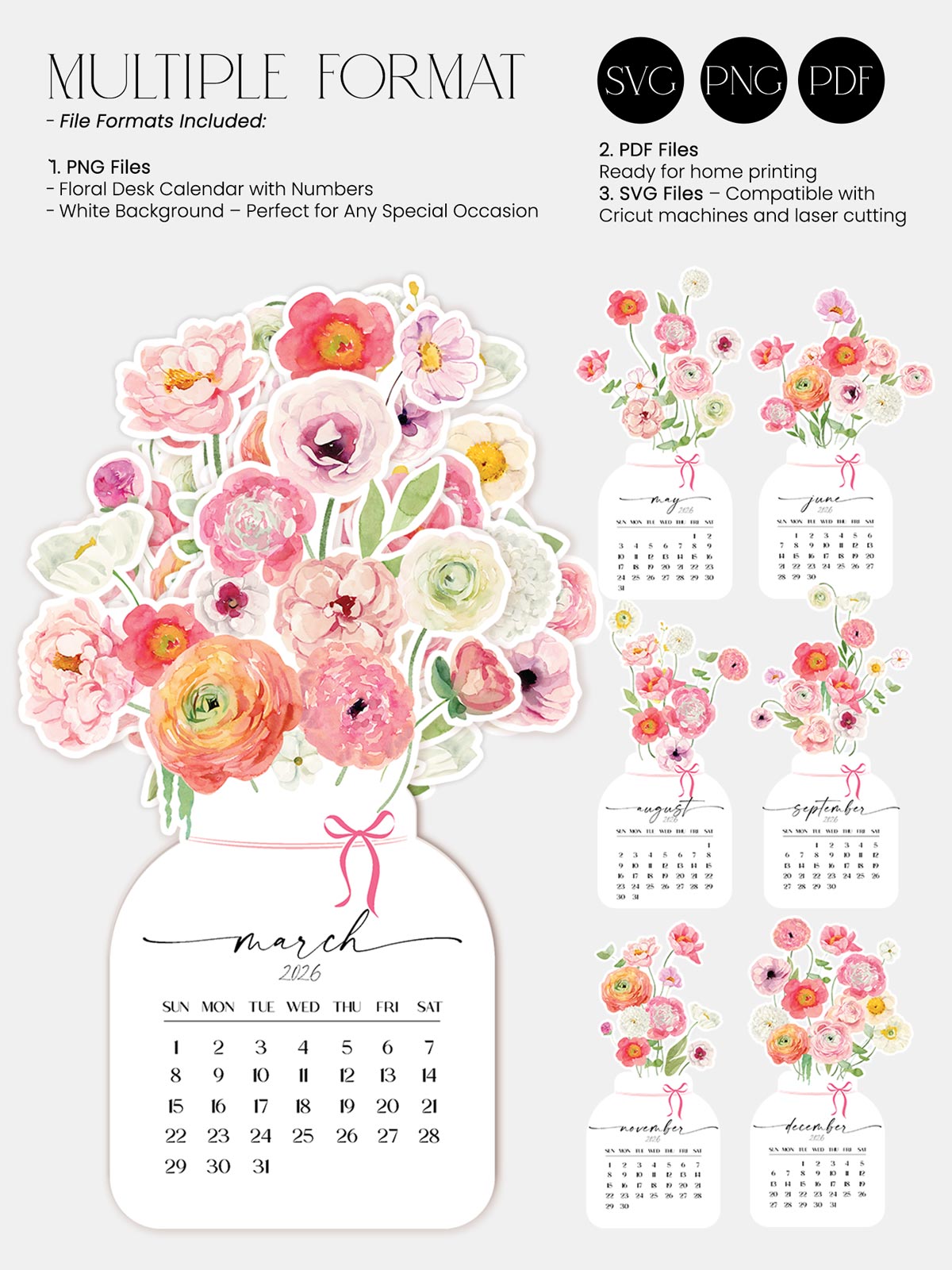 Free Printable Blank Calendar Flowers Vase PNG: 12 Monthly Floral (Print & Cut) Bloom Flowers Pot 2026 Desk Calendar | Watercolor Printable Monthly Cutouts | Colorful Floral Planner SVG PNG PDF