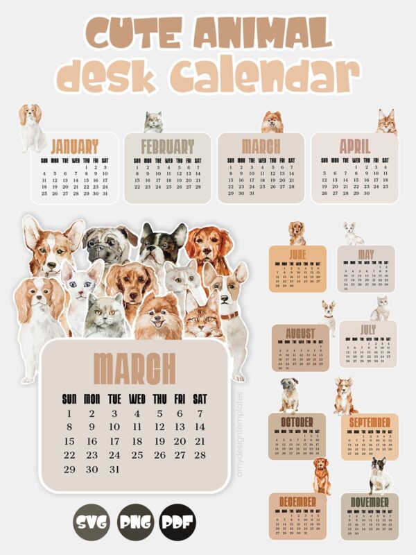2026 Animal Calendar Printable featuring cute watercolor dog and cat monthly planner cards on a wooden stand.