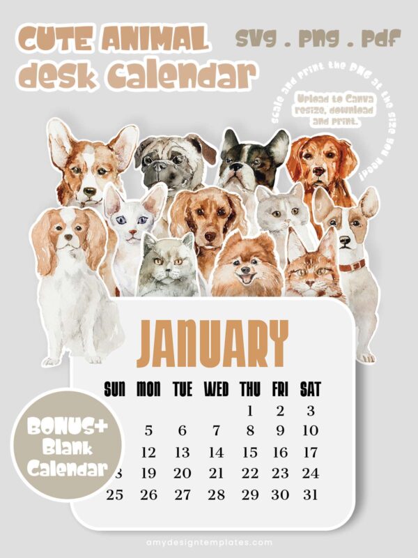 Watercolor Animal Calendar Printable Dog Cat Cute