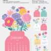 2026 Bloom Flowers Desk Calendar printable template featuring 12 monthly cards with hand-drawn floral illustrations in jars. Digital download includes SVG, PNG, and PDF formats for Cricut and laser cutting machines.
