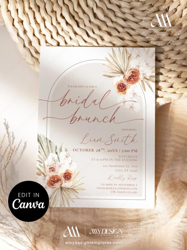 Boho Bridal Brunch Invitation Template, Editable Canva | Pampas Grass Dried Floral Bridal Shower Invite | Rust Terracotta Digital Download