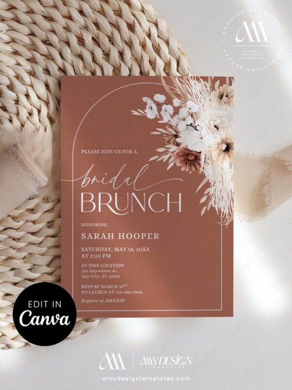 Boho Terracotta Bridal Brunch Invitation Template Canva | Pampas Grass Arch Shower Invite