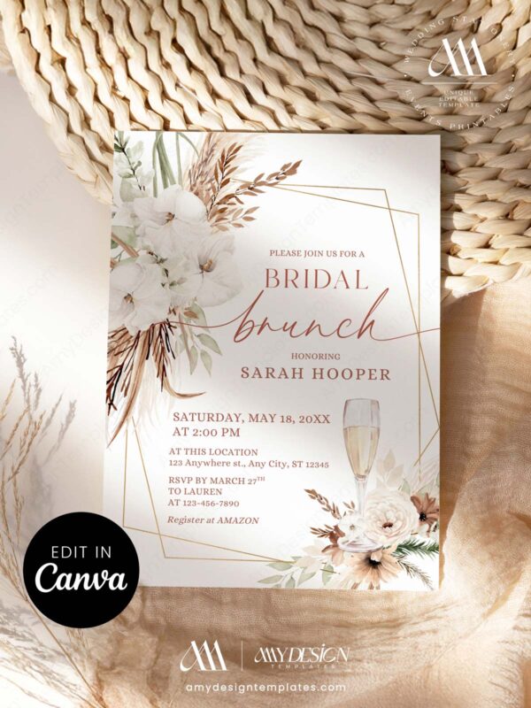 Modern Boho Bridal Brunch Invitation Template | Terracotta Arch Pampas Grass Canva Editable