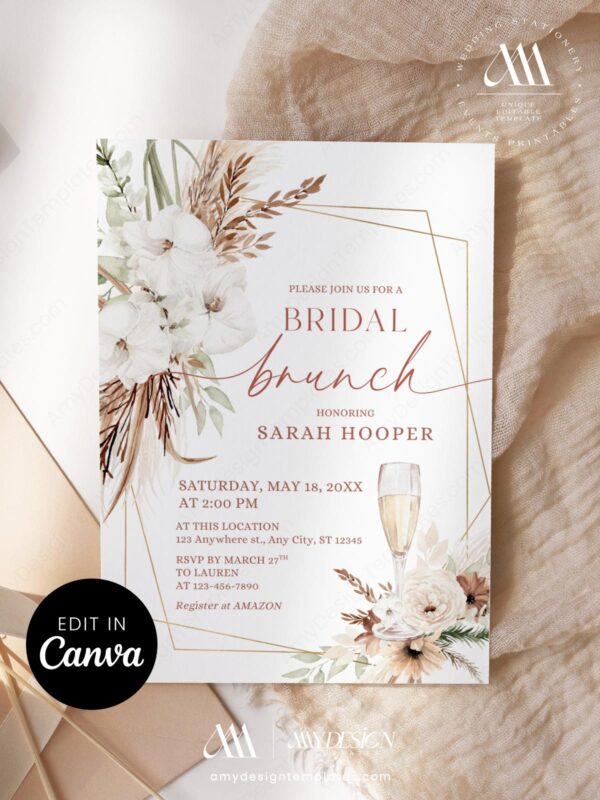 Modern Boho Bridal Brunch Invitation Template | Terracotta Arch Pampas Grass Canva Editable