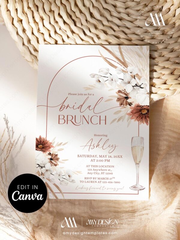 Rust Terracotta Bridal Brunch Invitation Card Template | Boho Arch Shower Invite Canva Editable