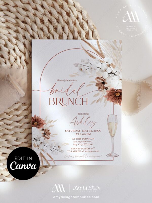Rust Terracotta Bridal Brunch Invitation Card Template | Boho Arch Shower Invite Canva Editable