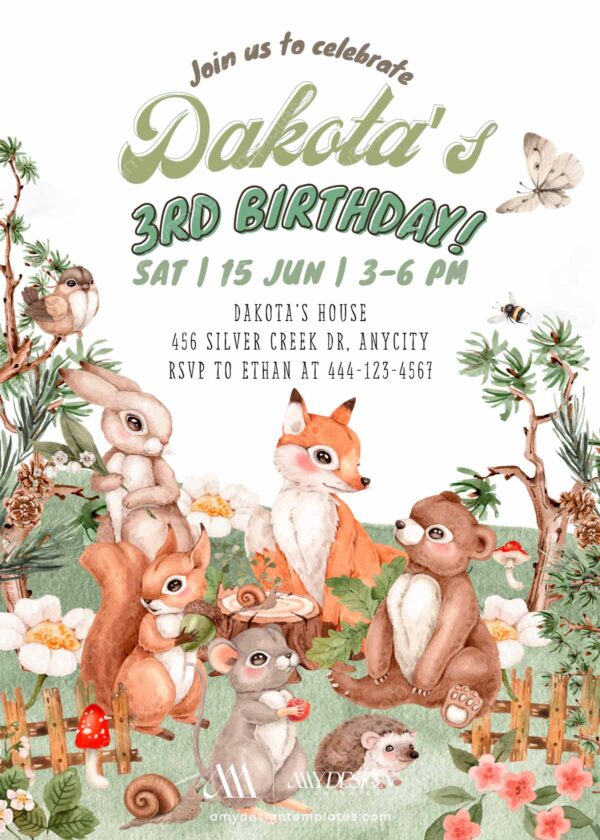 Editable Woodland Animals Birthday Invitation Template | Forest Animal Birthday Party Digital Download