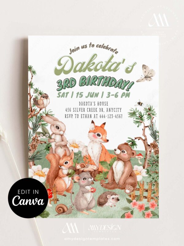 Editable Woodland Animals Birthday Invitation Template | Forest Animal Birthday Party Digital Download