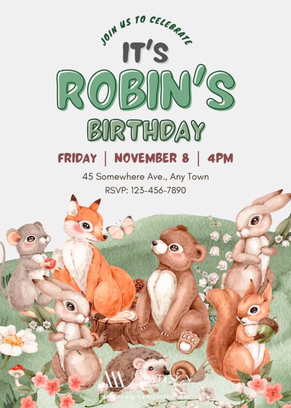 Woodland Birthday Party Invitation Card Template Printable