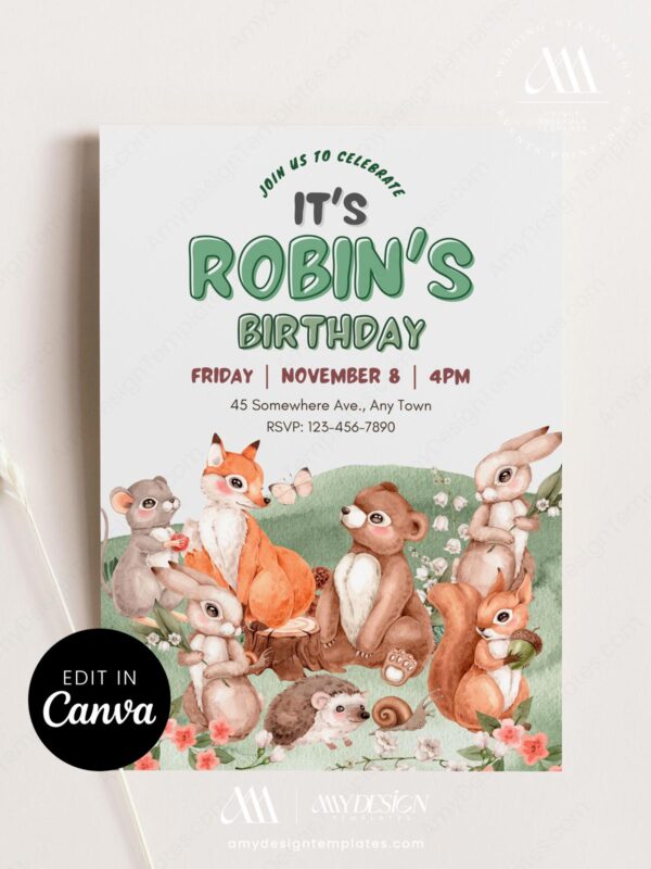 Woodland Birthday Party Invitation Card Template Printable