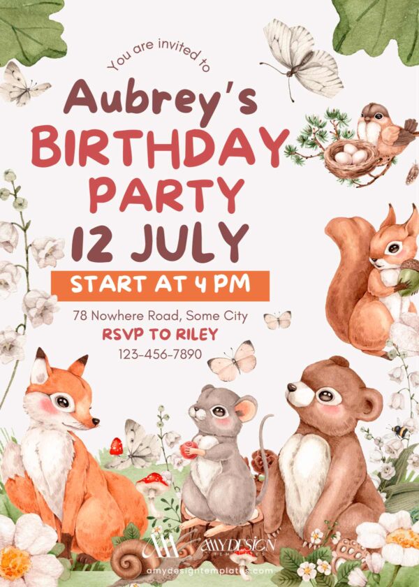 Editable Forest Animals Birthday Invitation Template | Fox Bear Squirrel Party Invite Canva Editable