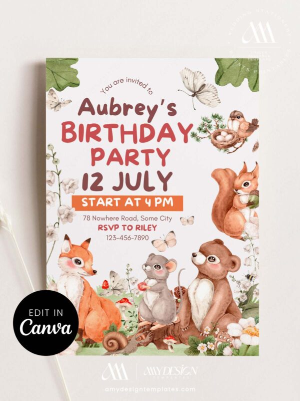 Editable Forest Animals Birthday Invitation Template | Fox Bear Squirrel Party Invite Canva Editable