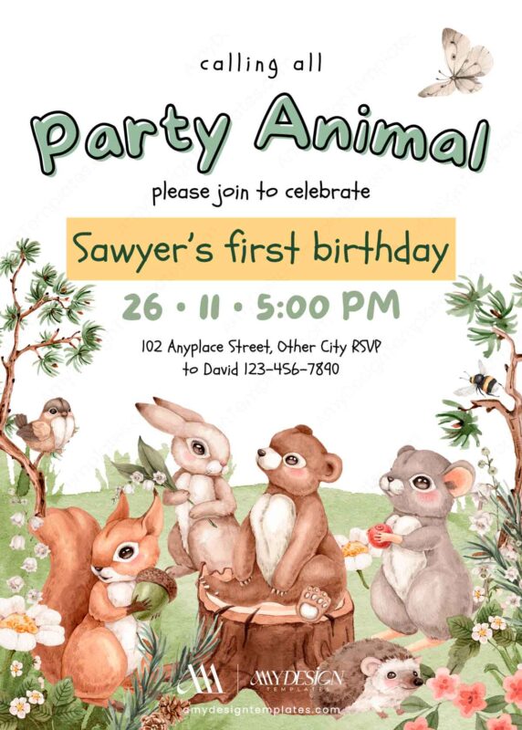 14 Free Blank Birthday Invitation Card Designs: Woodland Animal Party Theme Party Animal Birthday Invitation Canva Template | Woodland Forest Card Instant Download
