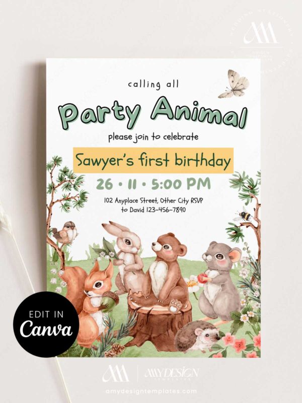Party Animal Birthday Invitation Canva Template | Woodland Forest Card Instant Download