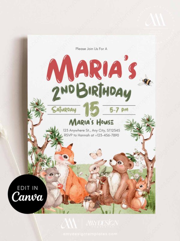 Editable Woodland Animals Party Birthday Invitation Canva Template | Fox Bear Bunny Forest Theme