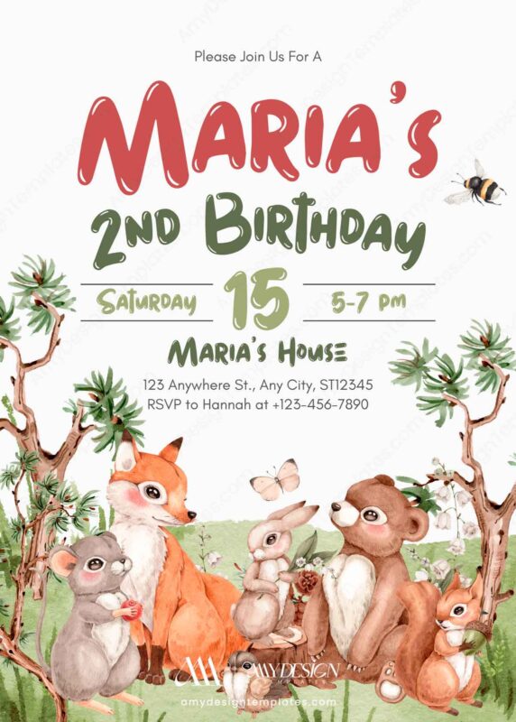 Editable Woodland Animals Party Birthday Invitation Canva Template | Fox Bear Bunny Forest Theme Editable Woodland Animals Party Birthday Invitation Canva Template | Fox Bear Bunny Forest Theme