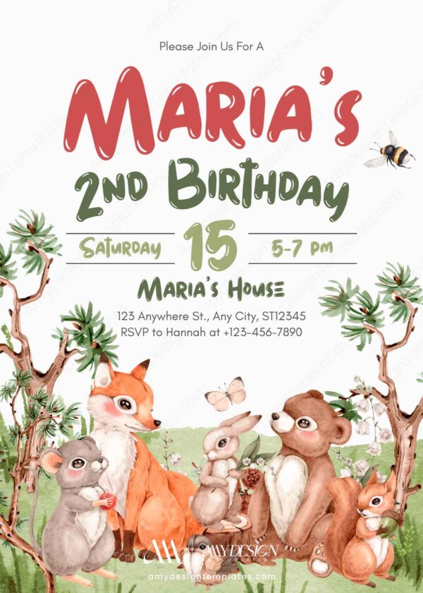 Editable Woodland Animals Party Birthday Invitation Canva Template | Fox Bear Bunny Forest Theme