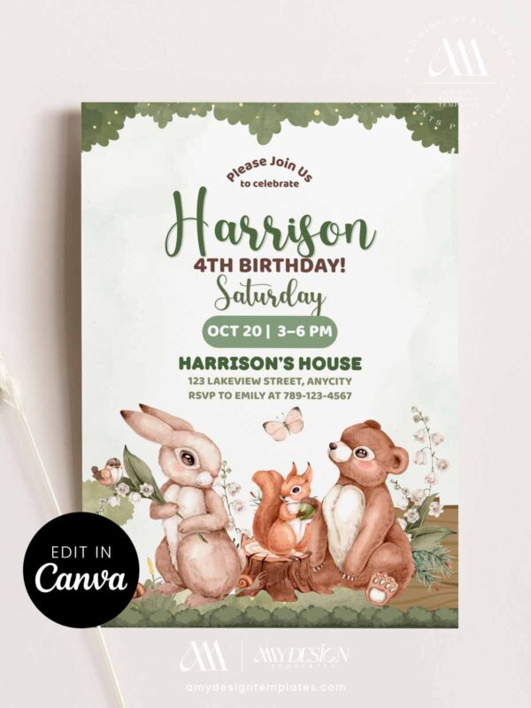 Printable Forest Friends Animals Birthday Invitation Canva Template | Woodland Rabbit Bear Party Invite Printable