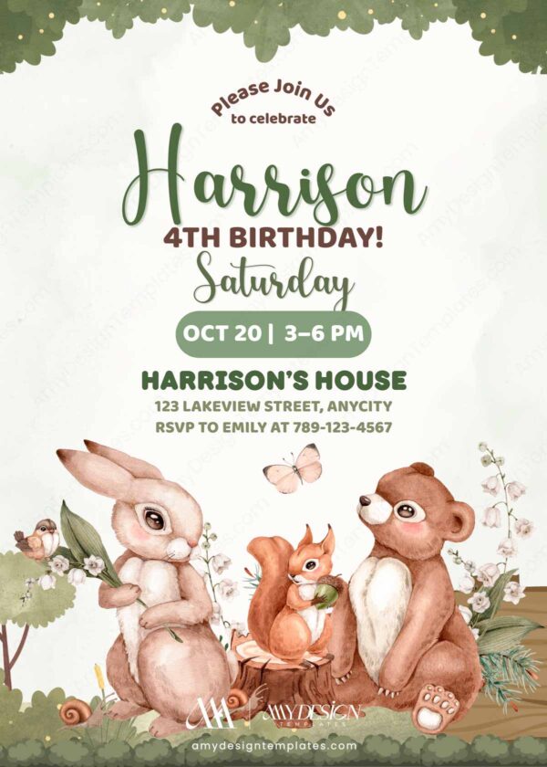 Printable Forest Friends Animals Birthday Invitation Canva Template | Woodland Rabbit Bear Party Invite Printable