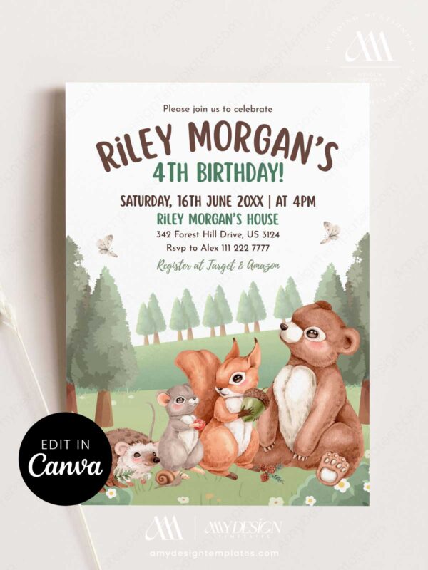 Editable Rustic Animal Birthday Invitation Template | Hedgehog Mouse Squirrel Bear