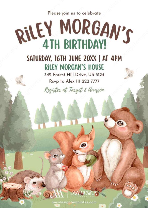 Editable Rustic Animal Birthday Invitation Template | Hedgehog Mouse Squirrel Bear Editable Rustic Animal Birthday Invitation Template | Hedgehog Mouse Squirrel Bear