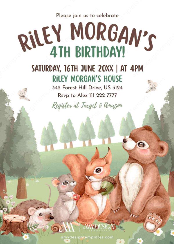 Editable Rustic Animal Birthday Invitation Template | Hedgehog Mouse Squirrel Bear