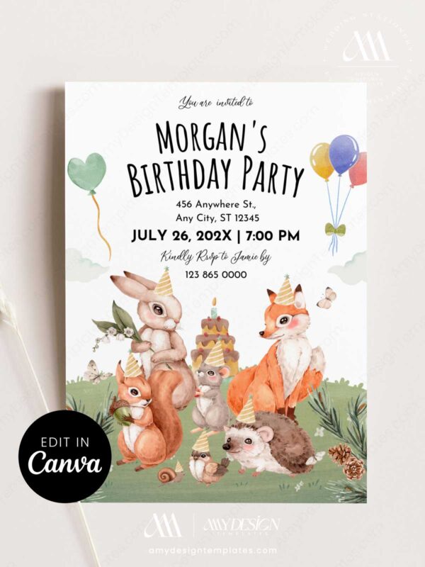 Woodland Editable Birthday Invitation Digital | Party Hats Fox Bunny Cake Canva