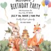 Woodland Editable Birthday Invitation Digital | Party Hats Fox Bunny Cake Canva